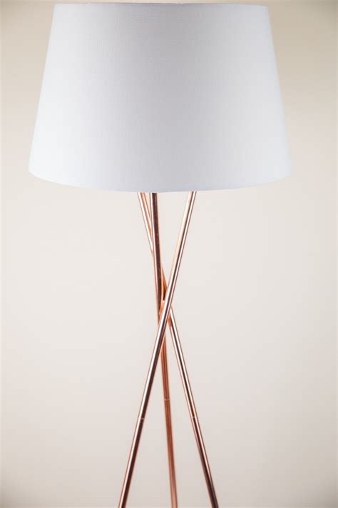 Pair Copper Tripod Floor Lamp With White Fabric Shade