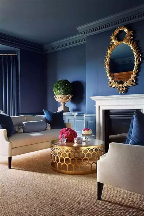 Modern Living Room With Navy Blue Walls