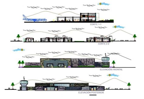 Elevation And Sectional Detail Of Airport Terminal Building 2d View