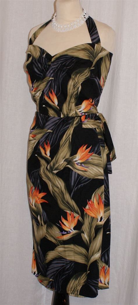 vintage 1950s inspired hawaiian sarong halter wiggle dress black with bird of paradise flowers l