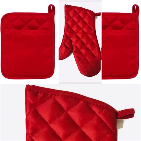 2 Sets Oven Mitt And Pot Holder Red Polyester Rubber Or 100 Cotton