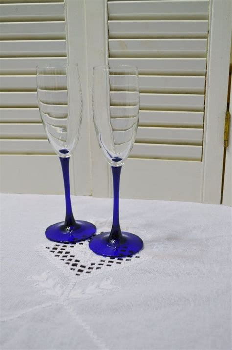 Vintage Luminarc Champagne Glass Set Of 2 Cobalt Blue Stem Etsy Glass Glass Set Luminarc