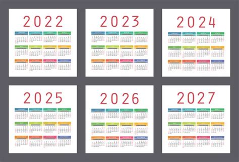 Calendário 2022 2023 2024 2025 2026 2027 Anos Conjunto Vetor Imagem