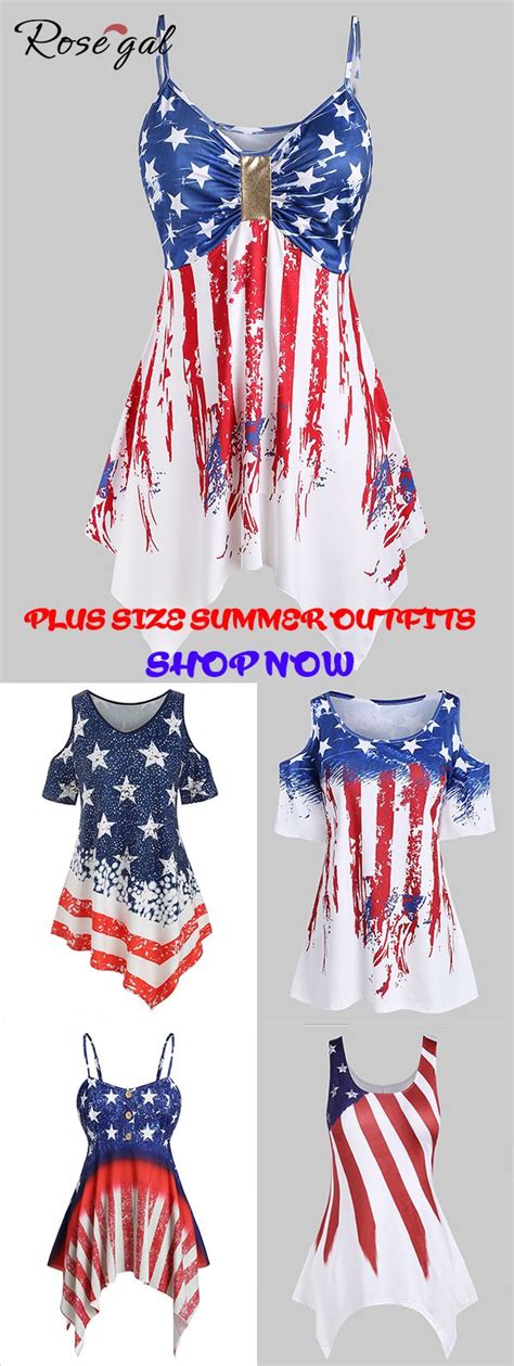 Rosegal Plus Size Summer Casual Outfits Ideas American Flag Printed Design Tops Plus Size