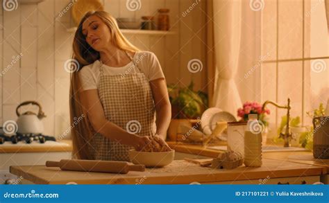 Beautiful Housewife Caucasian Woman Adult Mother Female Chef Wears Apron Kneads Dough Prepares