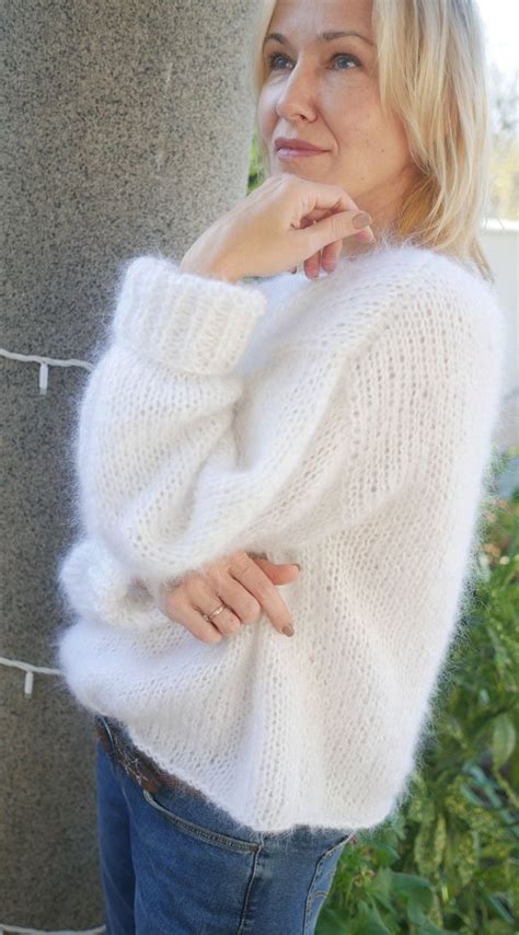 Fluffy White Mohair Sweater Loose Fit Sweater Hand Knit Sweater Fall