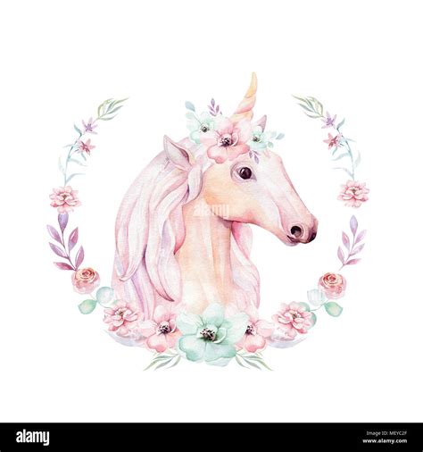 Isolated Cute Watercolor Unicorns Clipart With Flowers Nursery