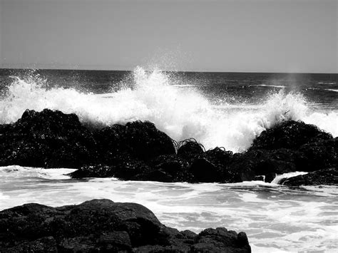 Black And White Ocean Waves Sea Rocks Balance Between Black