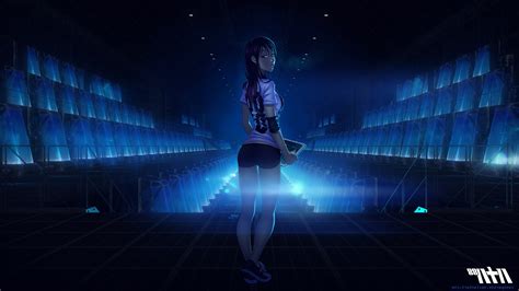 Wallpaper Night Anime Girls Space Sky Futuristic Shorts Glowing