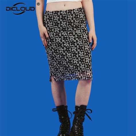 90s Vintage Daisy Mesh Midi Skirt Women High Waist Sexy Skinny Pencil Skirts Harajuku Fashion