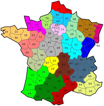De regio's en departementen van frankrijk (zonder overzeese gebieden). Departementen Frankrijk