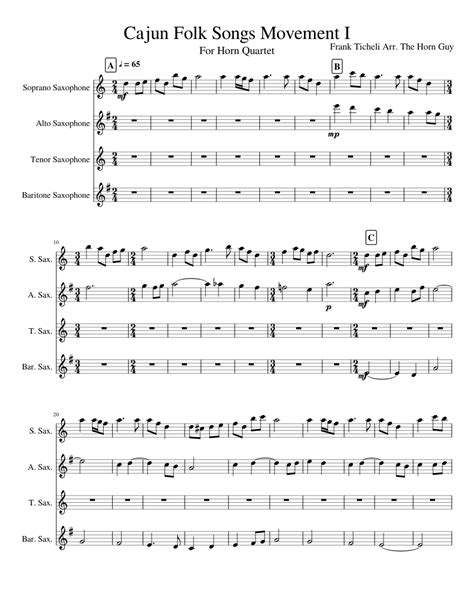 Cajun Folk Songs Movement I For Saxophone Quartet Sheet music for Saxophone (Alto), Saxophone ...