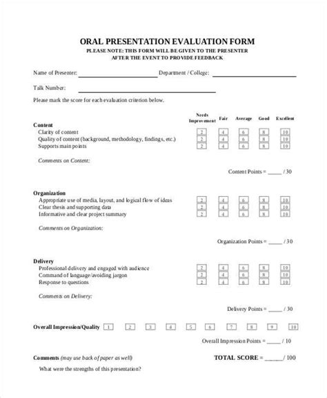 Oral Presentation Evaluation Form Template Hq Printable Documents