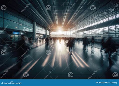 Bustling Airport Or Train Terminal Illuminated By Sunrise Stock