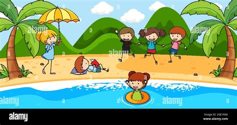 Beach Scene With Many Kids Doodle Cartoon Character Illustration Stock