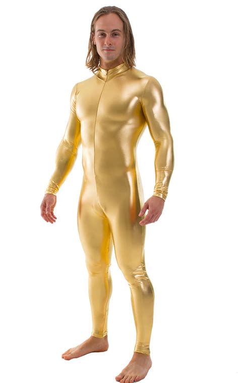 Full Bodysuit Zentai Lycra Spandex Suit For Men In Metallic Liquid Gold Skinzwear Com