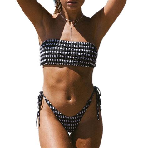 Itfabs 2018 Sexy Swimwear Women Bandage Bikini Set Push Up Padded Bra Black White Plaid Bathing