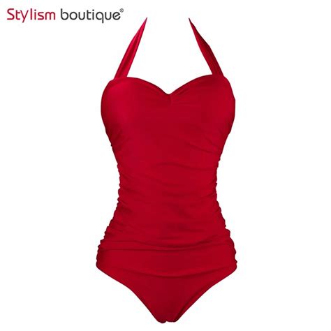 Classic Solid Red Swimsuit Summer Women Halter One Piece Bathing Suit