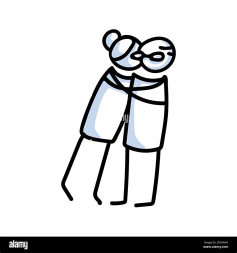 Drawn Stick Figure Of Senior Woman Hugging Senior Man Elderly Embrace Together Support