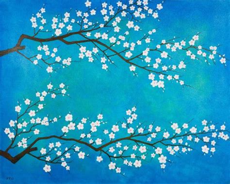 Original Oil Painting Cherry Blossom Landscape Wall Art Rising In Blue