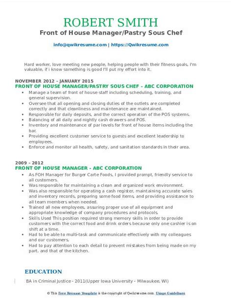 House manager experienced in working with special needs populations. Front Of House Manager Resume Samples | QwikResume