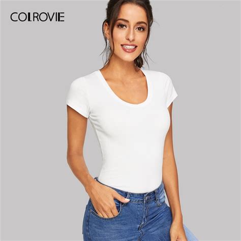 Colrovie White Scoop Neck Solid Fitted Casual T Shirt Women Clothes 2019 Summer Slim Fit Short