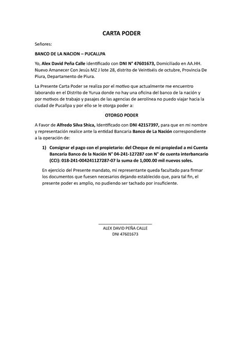 Carta Poder Banco De La Nacion Ok Carta Poder Señores Banco De La