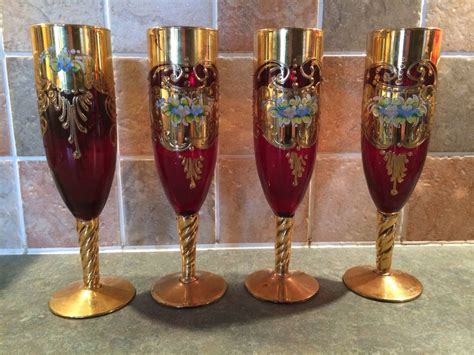 Antique Red Wine Glasses Gilt Gold Murano Venetian Bohemia Enameled Cranberry Antique Wine