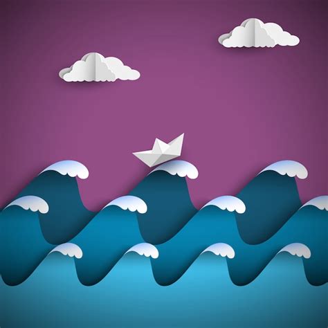 Origami Paper Waves With Clouds And Ship Vector Premium Download