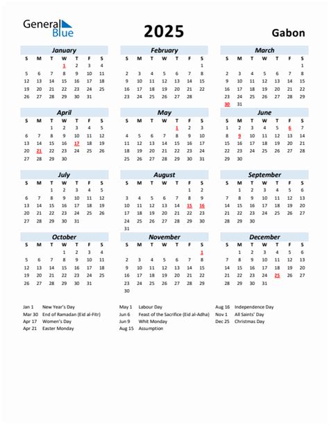 2025 Yearly Calendar For Gabon With Holidays