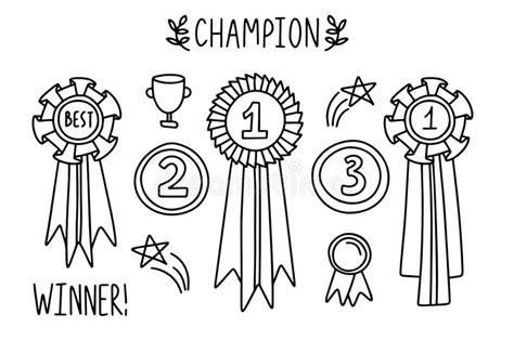 Champion Award Doodle Outline Vector Hand Drawn Set Stock Vector