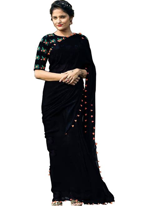 Free shipping · custom stitching · assured 50% cashback Black plain georgette saree with blouse - Leela Fashion ...