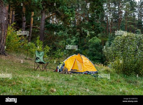 Camping With Tent In Forest Stock Photo Alamy