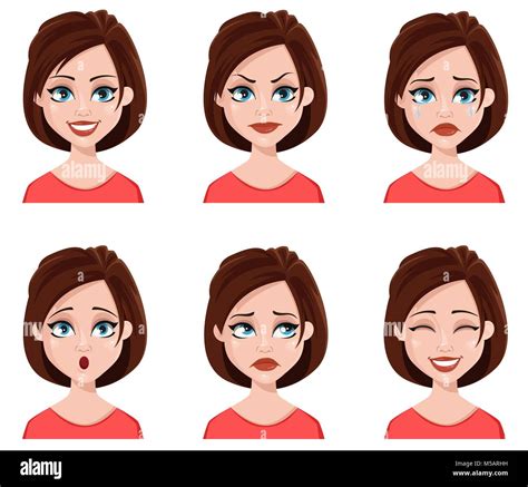 Facial Expressions Of A Cute Woman Different Female Emotions Set