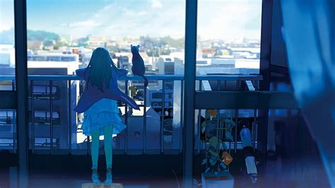Hd Wallpaper Anime Anime Girls Window Cityscape Cat Wallpaper Flare