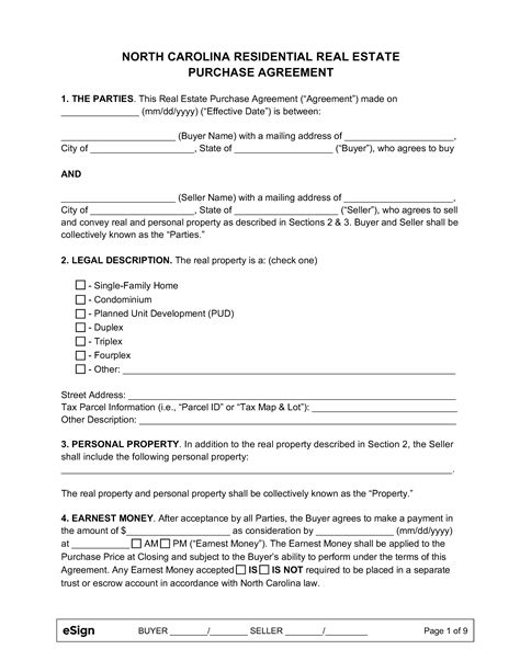 Free North Carolina Residential Purchase And Sale Agreement Pdf Word