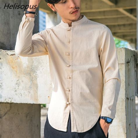 Helisopus Mens Solid Cotton Linen Shirt Chinese Style Mandarin Collar