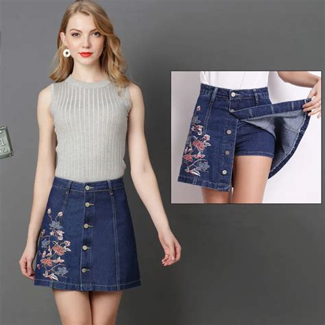 Embroidered Jeans Skirt Women Denim Safety Skirts High Waist Single Breasted Button Famle A Line