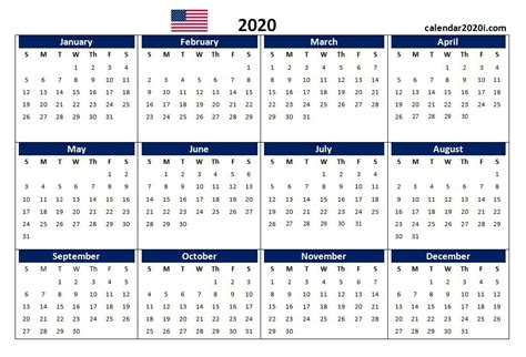 Us 2020 Calendar Yearly 12 Month Printable 2020 E Page Calendar