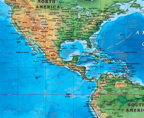 World Physical Wall Map Americas Centered With World Wonders By Compart
