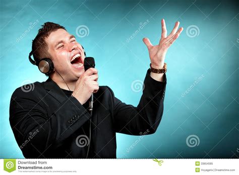 Man Singing Into Microphone Happy Karaoke Signer Stock ...