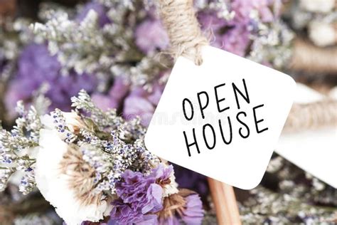 Open House Word On Card And Purple Flower Background Stock Image