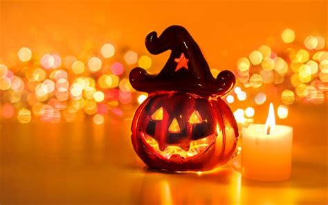 Download Wallpapers 4k Happy Halloween Candle Night Pumpkin