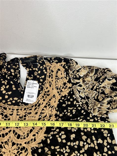 Suzanne Betro Womens 1X Black Tan Flower Sheer Short Sleeve Crochet