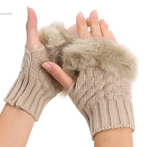 Hot Sale Winter Faux Fox Fur Fingerless Gloves Women Knitted Wrist Glove Half Finger Gloves