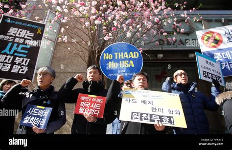 Seoul South Korea 23rd Feb 2017 Protesters Hold Posters During An Anti Thaad Rally In Front