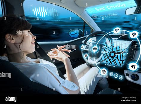 Relaxed Woman In Autonomous Car Self Driving Vehicle Autopilot