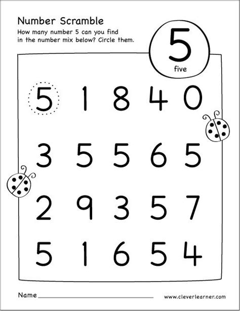 Free Printable Scramble Number Five Activity Numbers Preschool
