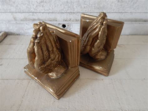 Antique Gold Praying Hands Chalkware Bookends Made By Marwal Industries