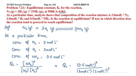 Equilibrium Constant Kc For The Reaction N2 G 3H2 G 2NH3 G